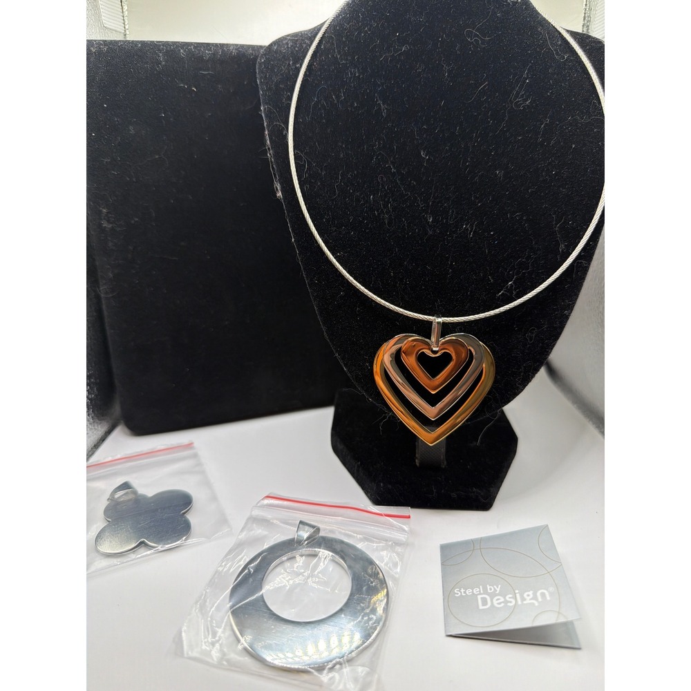 NIB VTG Steel by Design Necklace 16" Silver Interchangeable Pendants Italy Steel
